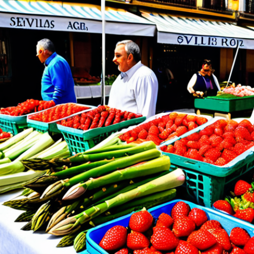 Home 7 Spring Market in Seville**
"A vibrant outdoor market scene in Seville, Spain, during springtime. Focus on a stall overflowing with fresh strawberries, asparagus, and artichokes. A friendly vendor, fully clothed in modest, everyday attire, interacts with customers. Background: Sunny weather, historic buildings. Safe for work, appropriate content, professional photography, perfect anatomy, natural proportions, well-formed hands, proper finger count, modest clothing, fully clothed."
**