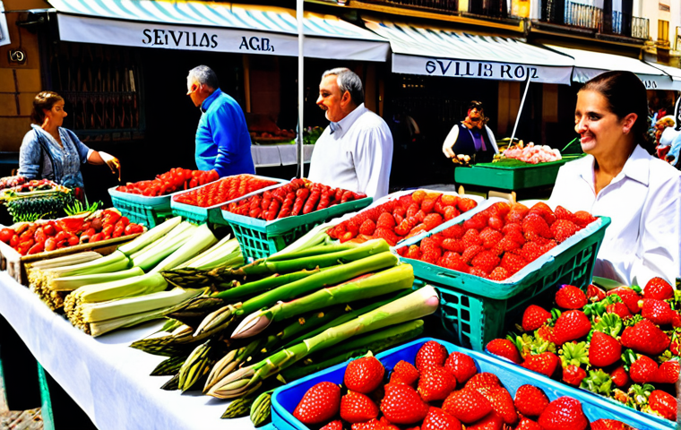Spring Market in Seville**
"A vibrant outdoor market scene in Seville, Spain, during springtime. Focus on a stall overflowing with fresh strawberries, asparagus, and artichokes. A friendly vendor, fully clothed in modest, everyday attire, interacts with customers. Background: Sunny weather, historic buildings. Safe for work, appropriate content, professional photography, perfect anatomy, natural proportions, well-formed hands, proper finger count, modest clothing, fully clothed."
**