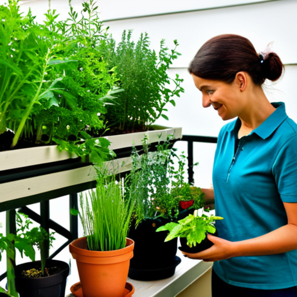 자급자족을 위한 소규모 시스템 구축 - Urban Oasis Balcony Garden**
"A woman tending to a thriving balcony garden filled with herbs and ve...