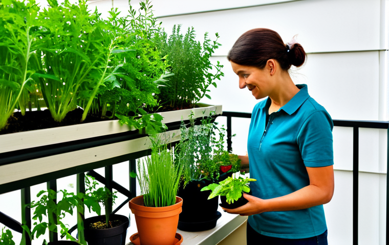 자급자족을 위한 소규모 시스템 구축 - Urban Oasis Balcony Garden**
"A woman tending to a thriving balcony garden filled with herbs and ve...