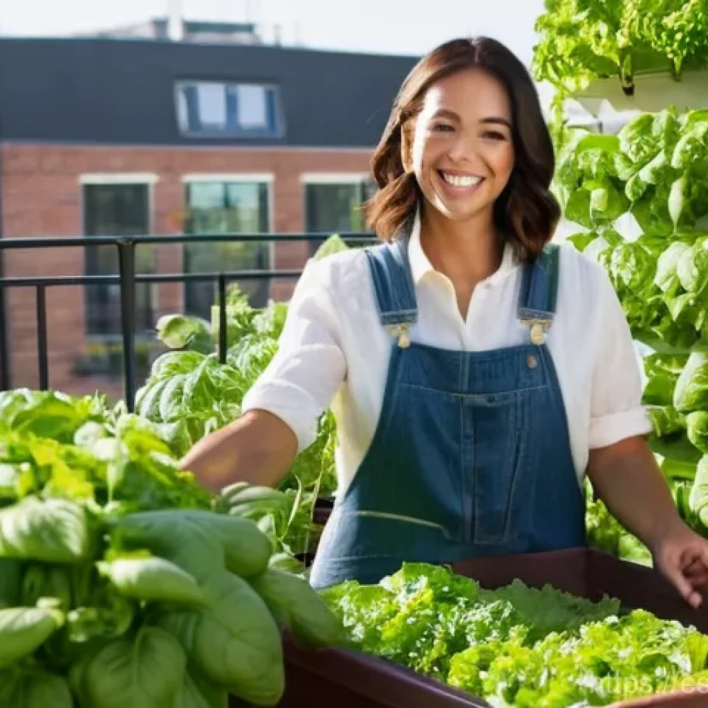 자급자족 양식의 이점과 방법 - **Vibrant Urban Harvest:** A cheerful person, mid-20s to 30s, dressed in comfortable, clean gardenin...