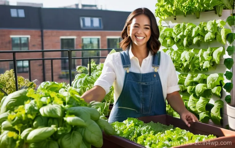 자급자족 양식의 이점과 방법 - **Vibrant Urban Harvest:** A cheerful person, mid-20s to 30s, dressed in comfortable, clean gardenin...