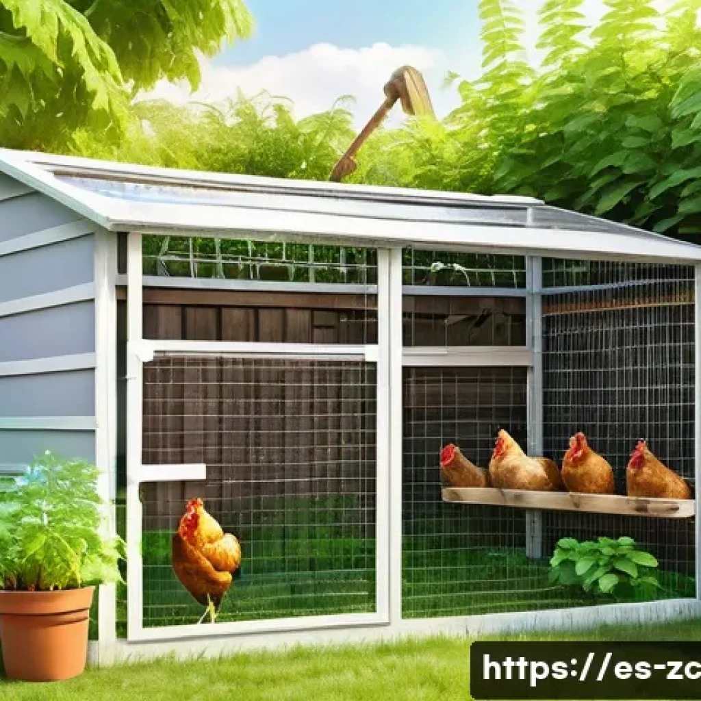 자급자족을 위한 동물 사육 방법 - A cozy urban backyard scene featuring a small, well-ventilated chicken coop made of wood and wire me...