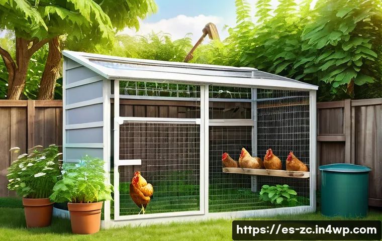 자급자족을 위한 동물 사육 방법 - A cozy urban backyard scene featuring a small, well-ventilated chicken coop made of wood and wire me...