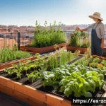Home 21 자급자족을 위한 기후 변화 대응 전략 - A cozy urban rooftop garden in a Spanish city during early morning light, featuring a variety of nat...