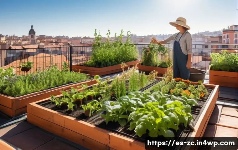 자급자족을 위한 기후 변화 대응 전략 - A cozy urban rooftop garden in a Spanish city during early morning light, featuring a variety of nat...