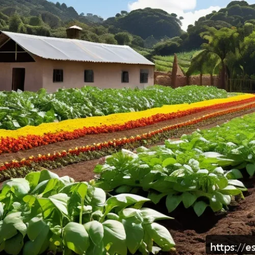 Home 32 자급자족을 위한 토양 관리 기술 - A vibrant, detailed organic vegetable garden in a rural Latin American setting showcasing crop rotat...