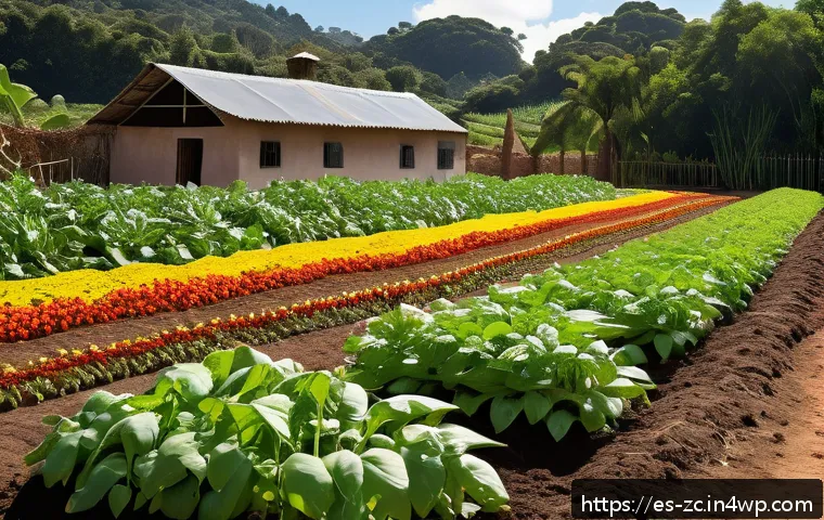 자급자족을 위한 토양 관리 기술 - A vibrant, detailed organic vegetable garden in a rural Latin American setting showcasing crop rotat...