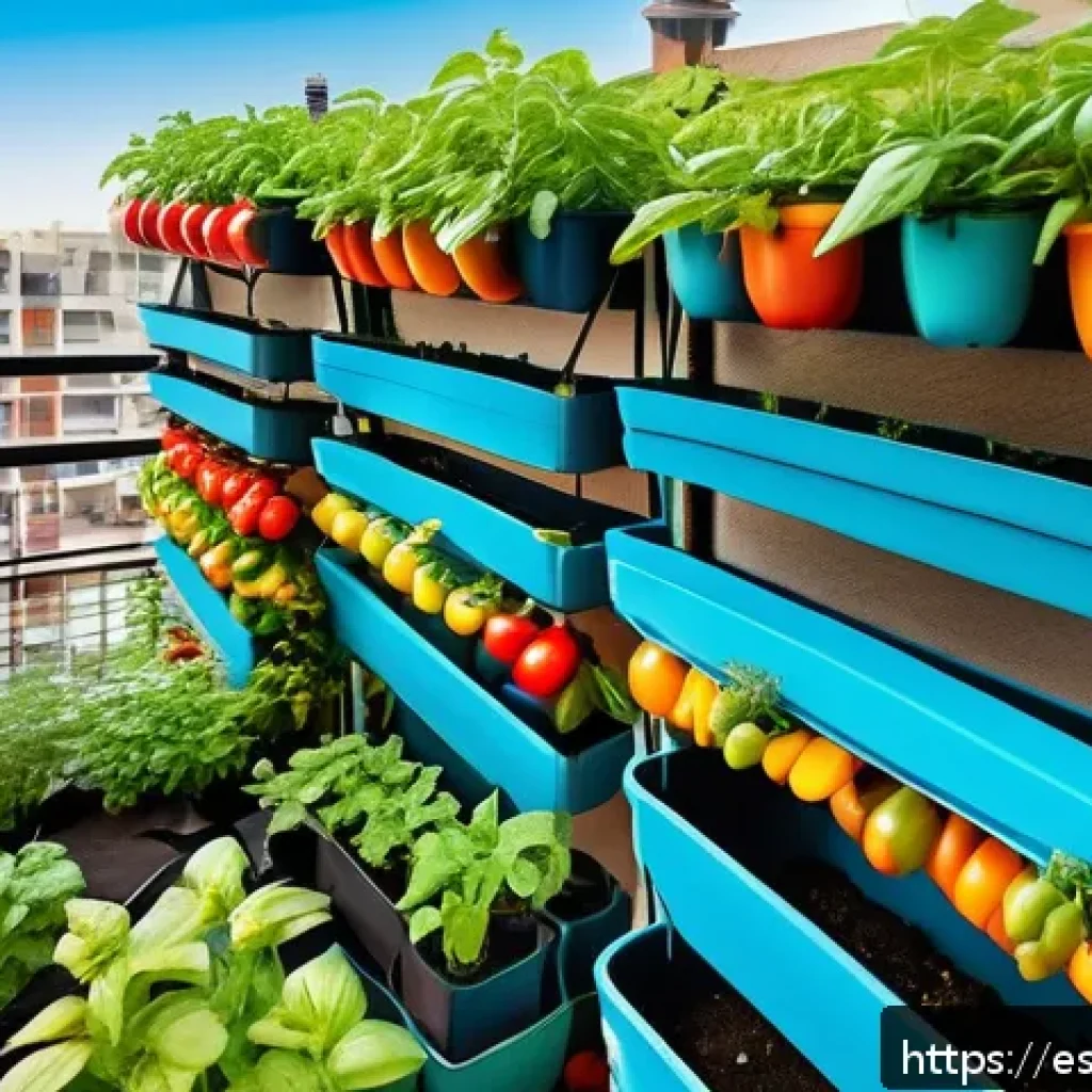 자급자족을 위한 지속 가능한 농업 - A vibrant urban balcony garden showcasing vertical cultivation techniques: multiple tiers of wooden ...