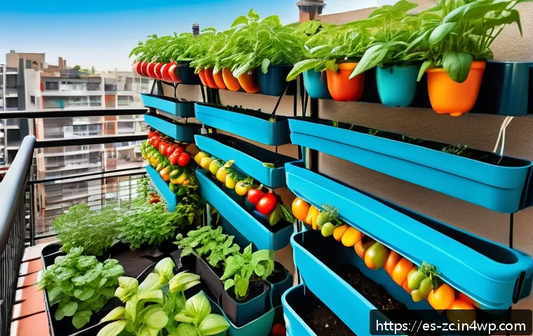 자급자족을 위한 지속 가능한 농업 - A vibrant urban balcony garden showcasing vertical cultivation techniques: multiple tiers of wooden ...