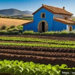 Home 18 자급자족 농업의 생태적 이점 - A vibrant sustainable farm landscape in Spain featuring diverse polycultures with rich, dark fertile...