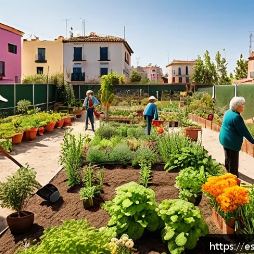 Home 17 자급자족으로 인한 사회적 변화 - A vibrant community garden in a Spanish urban neighborhood, diverse group of adults and elderly neig...