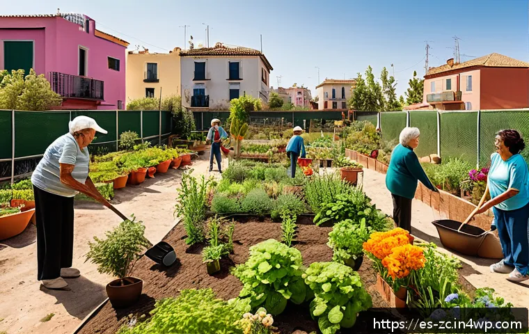 자급자족으로 인한 사회적 변화 - A vibrant community garden in a Spanish urban neighborhood, diverse group of adults and elderly neig...