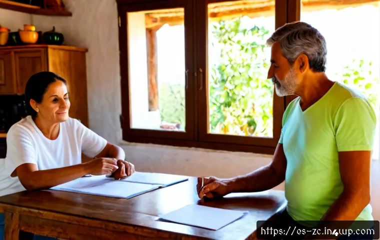 자급자족을 위한 정부 지원 정책 - Photorealistic rural Spanish family reviewing a government-supported self-sufficiency project at a w...