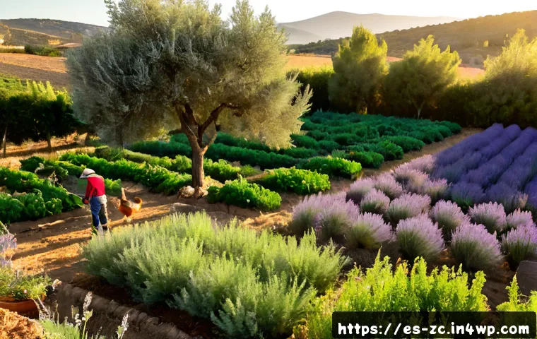 Home 17 자급자족 농장에서의 생물 다양성 - Photorealistic wide view of a self-sufficient Mediterranean farm in rural Spain, vegetable beds, oli...