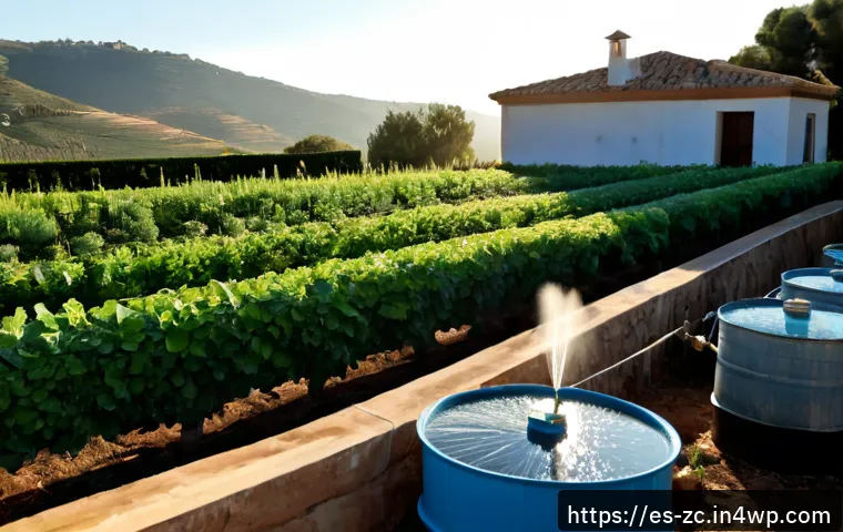 자급자족을 위한 지속 가능한 수자원 관리 - Photorealistic rural homestead in a sunlit Mediterranean Spanish-speaking countryside, clear rainwat...