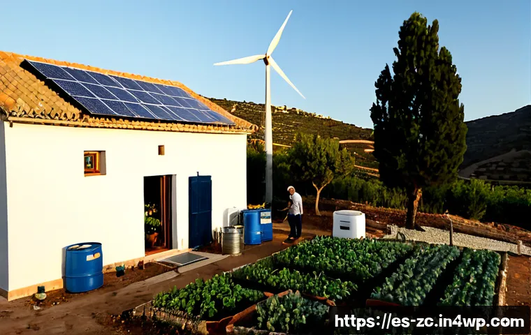 자급자족을 위한 대체 에너지 활용 - Photorealistic rural Spanish homestead at golden morning light, rooftop solar panels powering a mode...