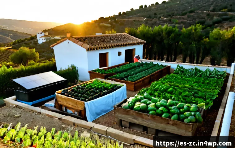 Home 17 자급자족 생활의 실천 사례 - Photorealistic self-sufficient family homestead in rural Spain, middle-aged couple harvesting ripe v...