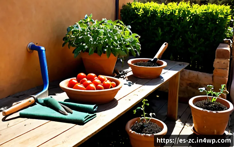 자급자족을 위한 기본 필수 도구 - Photorealistic sunlit backyard garden in a Spanish countryside home, raised vegetable beds with toma...